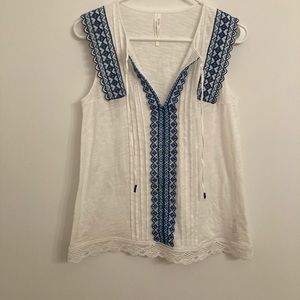 Anthropologie Women's Blouse Sz Small Embroidered Sleeveless Crochet White Tie